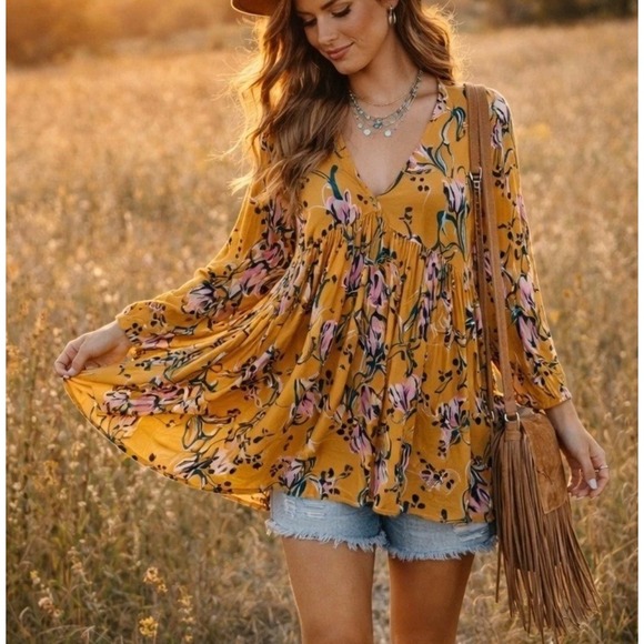Free People Tops - Free People Mustard Yellow Floral Babydoll Tunic V-Neck Bell Sleeve Blouse Small